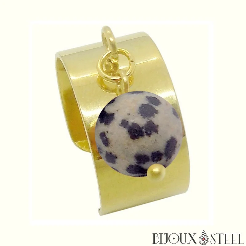 Bague large ajustable à perle de jaspe dalmatien