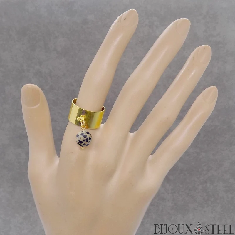 Bague large ajustable à perle de jaspe dalmatien