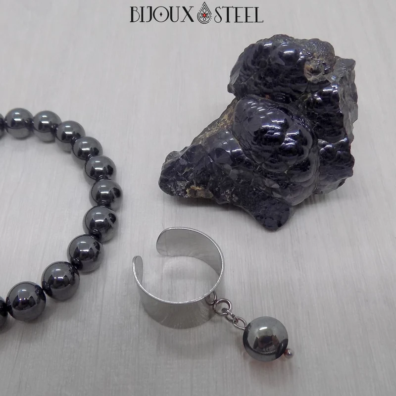 Bague large ajustable à perle d'hématite