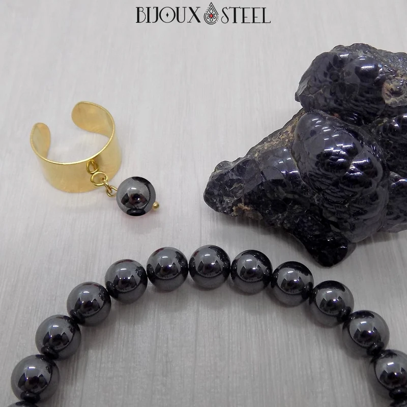 Bague large ajustable à perle d'hématite