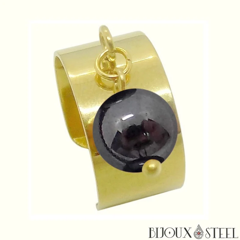 Bague large ajustable à perle d'hématite