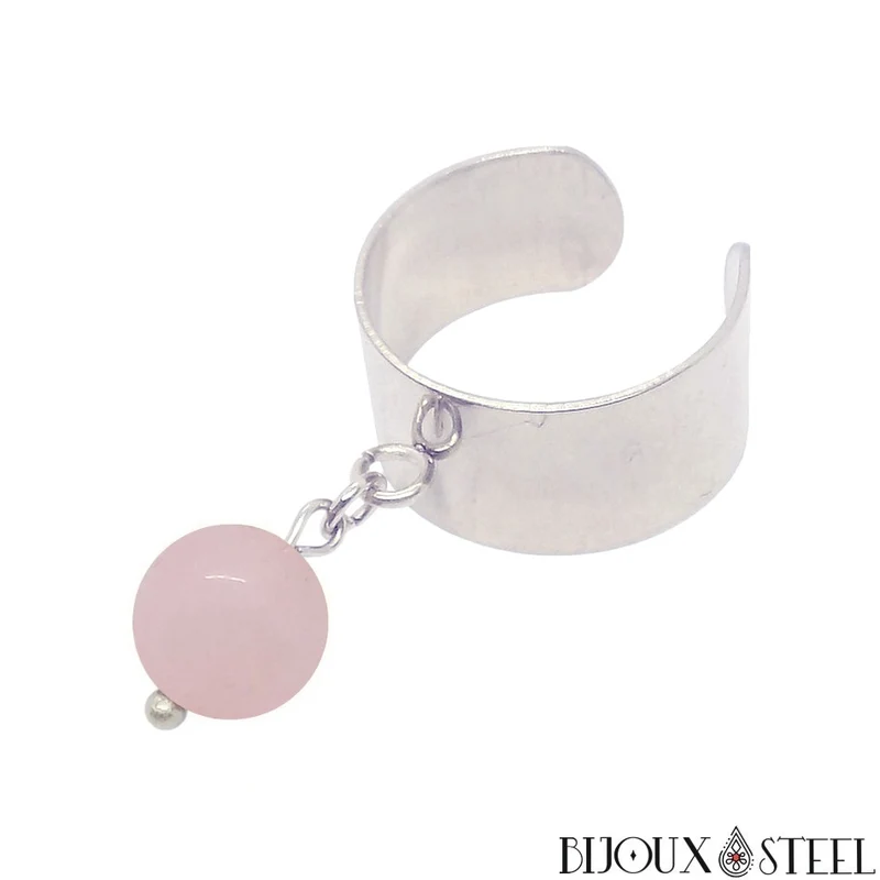 Bague large ajustable à perle de quartz rose