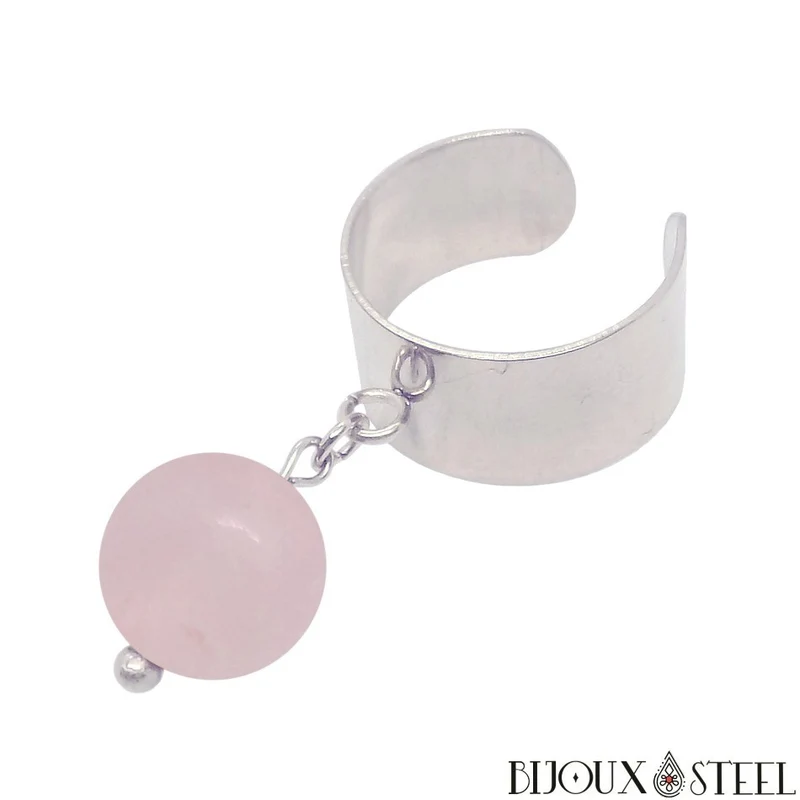 Bague large ajustable à perle de quartz rose