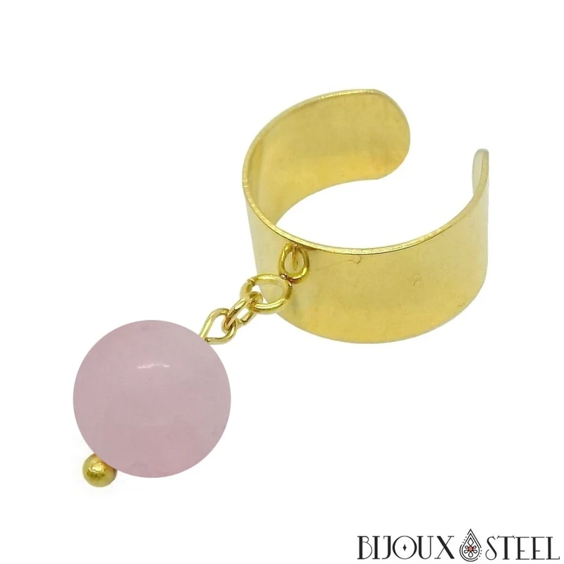 Bague large ajustable à perle de quartz rose