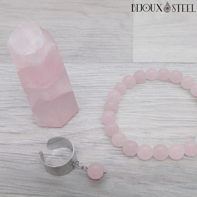 Bague large ajustable à perle de quartz rose
