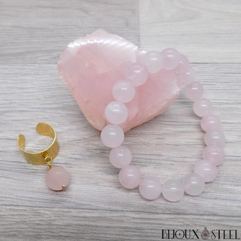 Bague large ajustable à perle de quartz rose