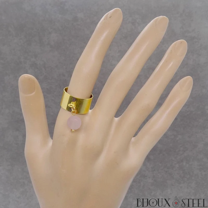Bague large ajustable à perle de quartz rose