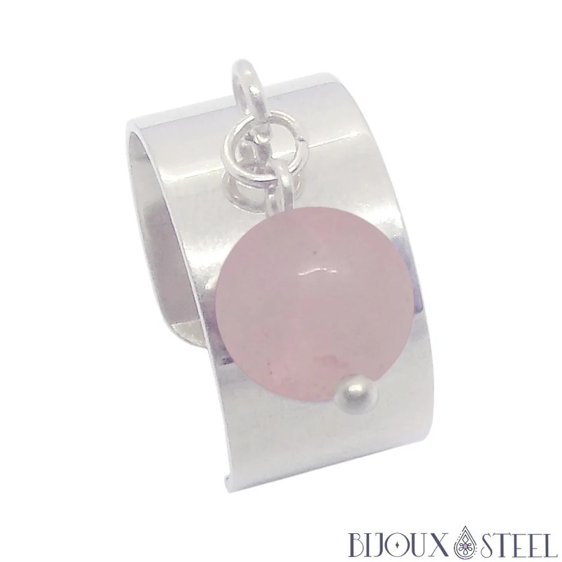 Bague large ajustable à perle de quartz rose