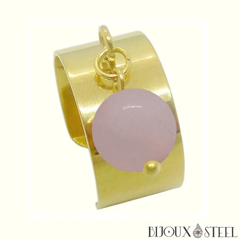 Bague large ajustable à perle de quartz rose