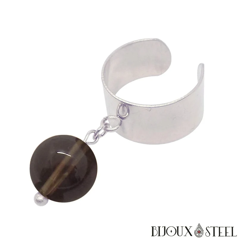 Bague large ajustable à perle de quartz fumé