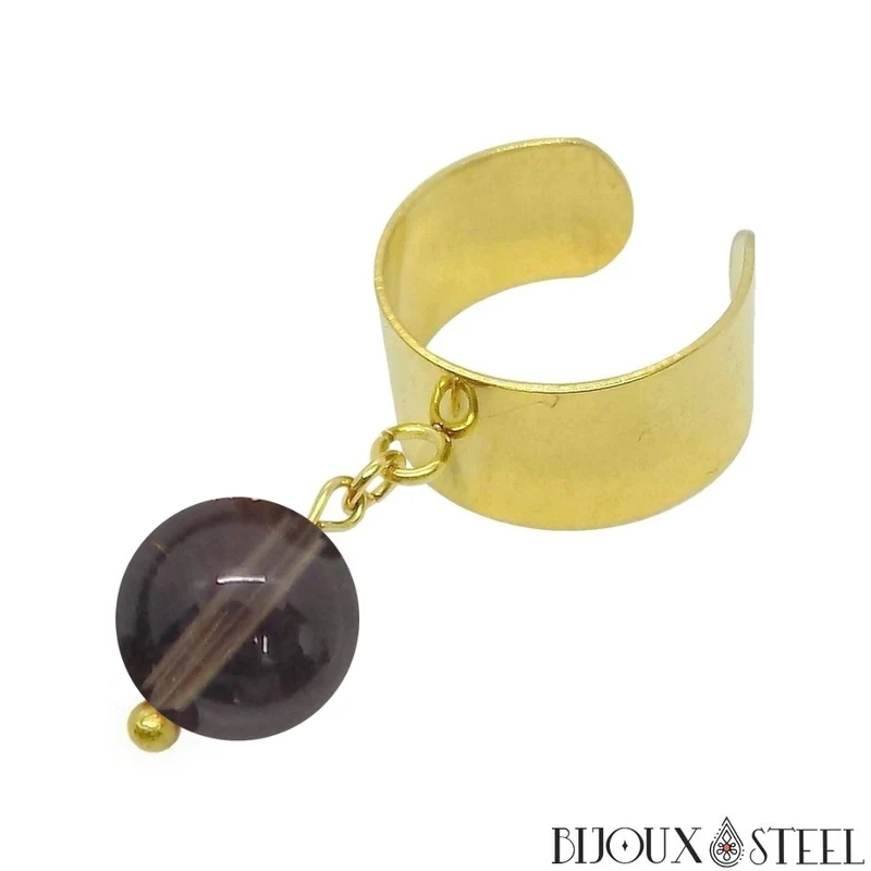 Bague large ajustable à perle de quartz fumé
