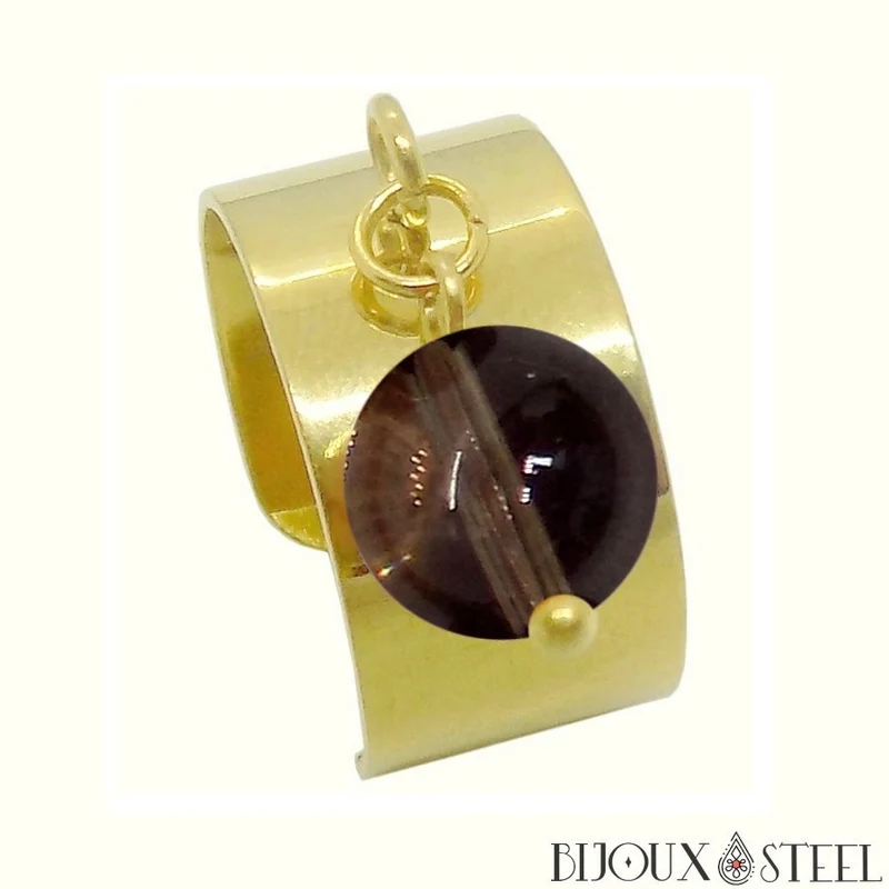 Bague large ajustable à perle de quartz fumé
