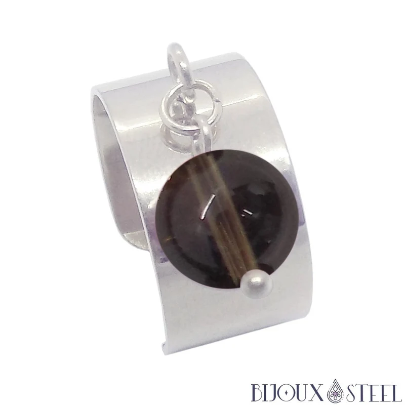 Bague large ajustable à perle de quartz fumé