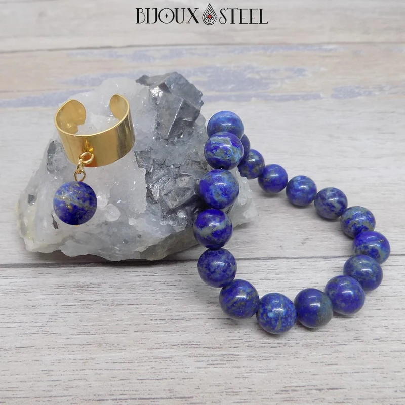Bague large ajustable à perle de lapis-lazuli