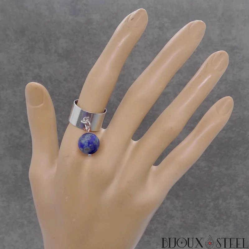 Bague large ajustable à perle de lapis-lazuli
