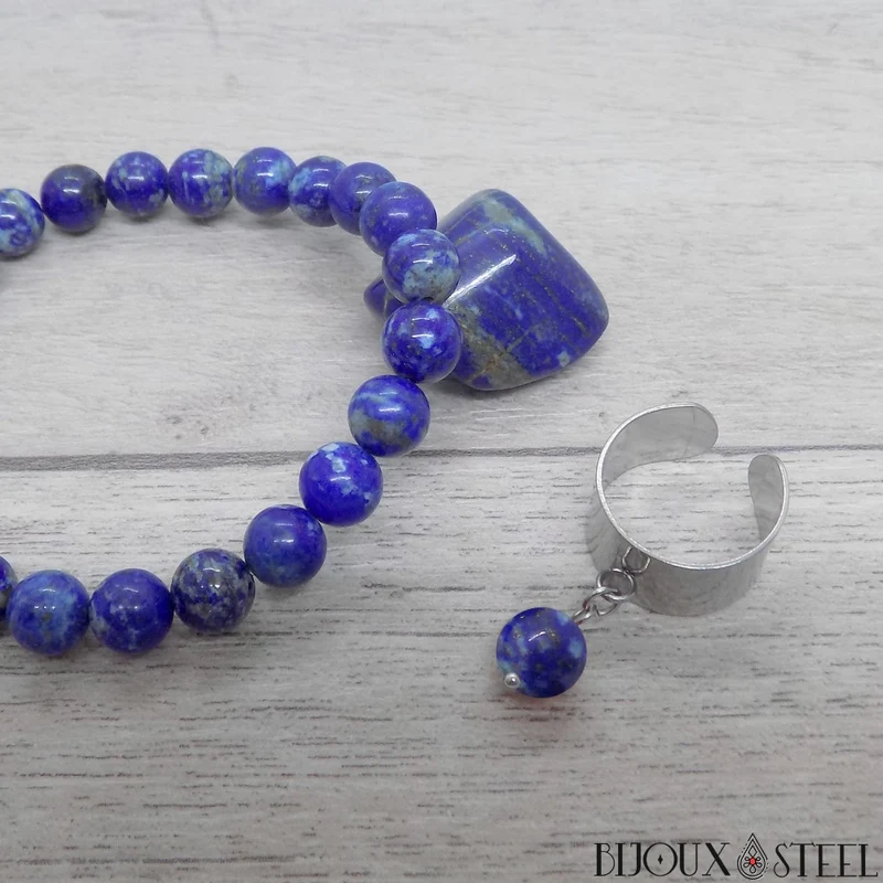 Bague large ajustable à perle de lapis-lazuli