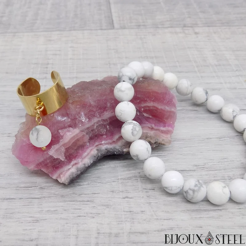 Bague large ajustable à perle d'howlite
