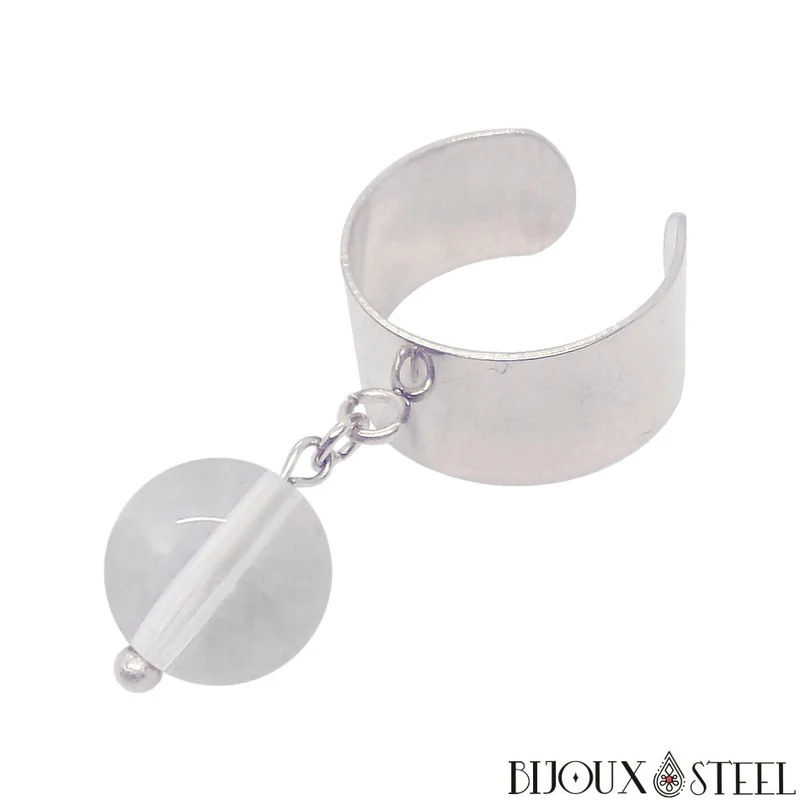 Bague large ajustable à perle de cristal de roche