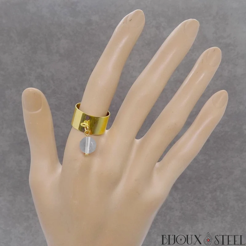 Bague large ajustable à perle de cristal de roche