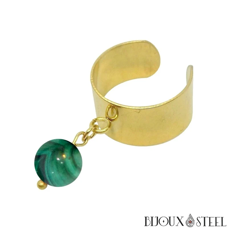 Bague large ajustable à perle de malachite