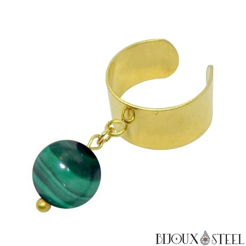 Bague large ajustable à perle de malachite