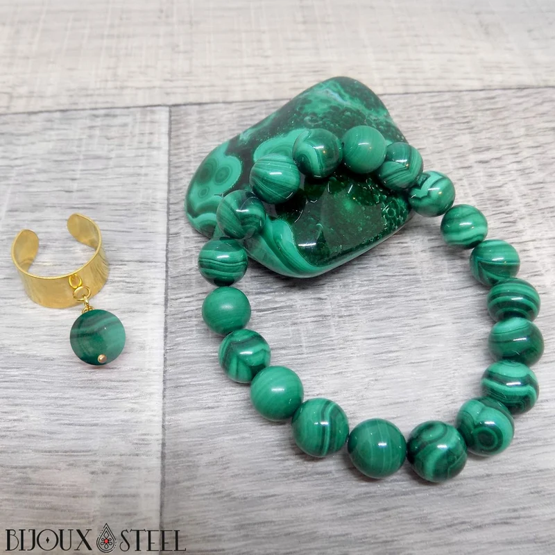 Bague large ajustable à perle de malachite