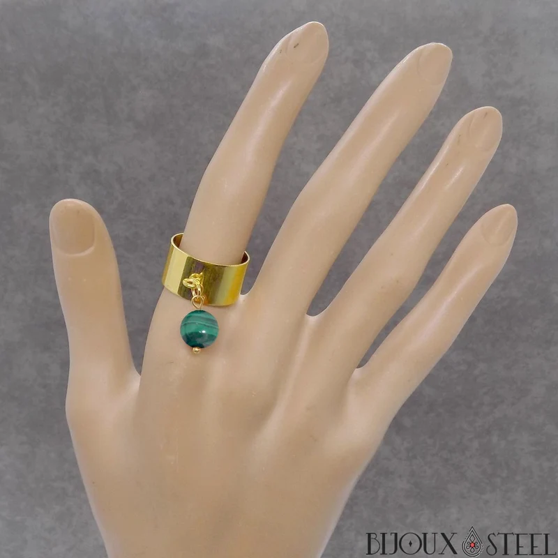 Bague large ajustable à perle de malachite