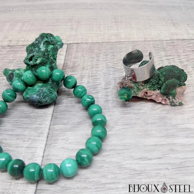 Bague large ajustable à perle de malachite