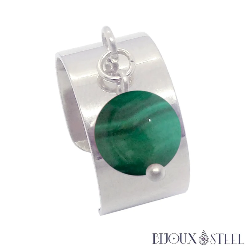 Bague large ajustable à perle de malachite