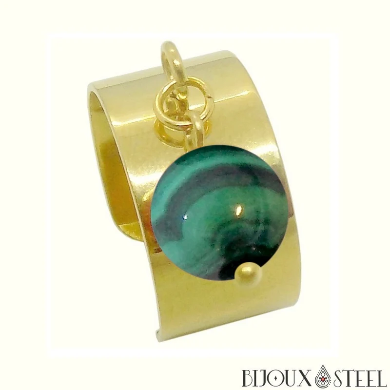 Bague large ajustable à perle de malachite