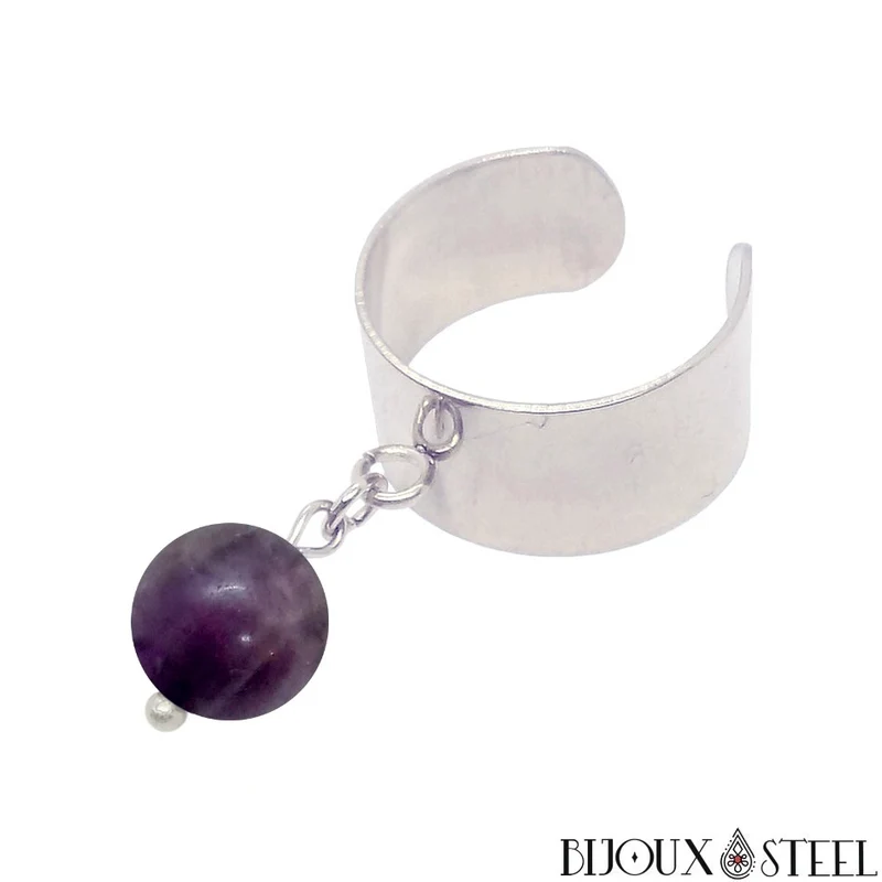 Bague large ajustable à perle de fluorite violette