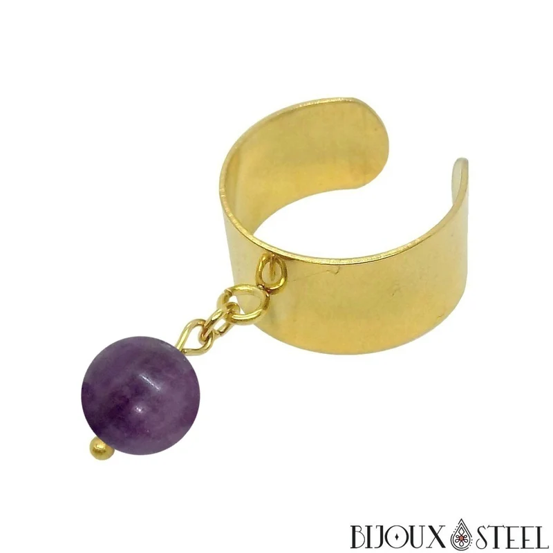 Bague large ajustable à perle de fluorite violette