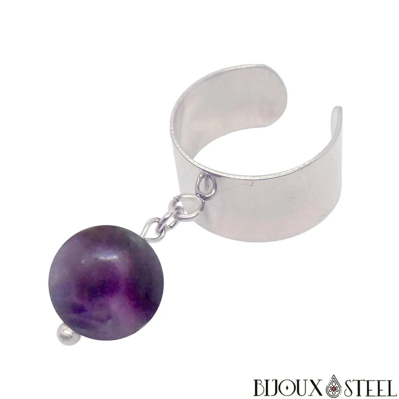 Bague large ajustable à perle de fluorite violette