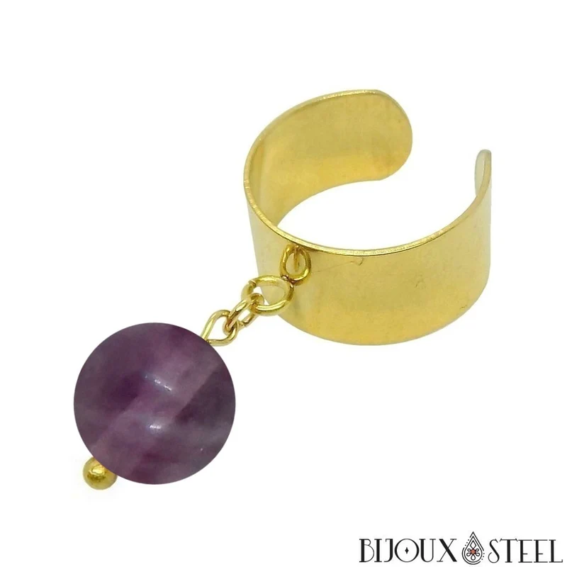 Bague large ajustable à perle de fluorite violette