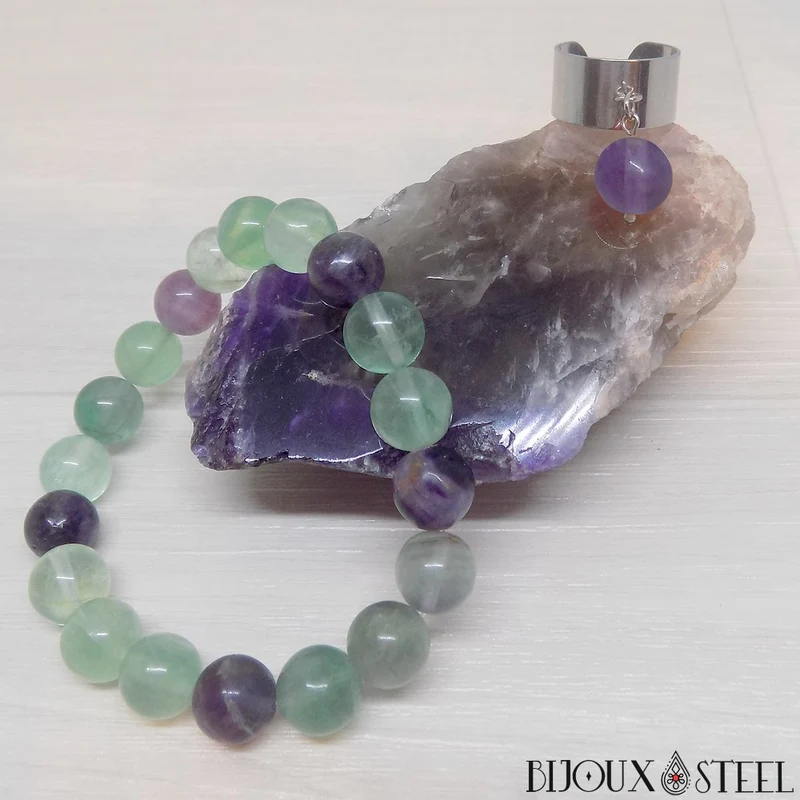 Bague large ajustable à perle de fluorite violette