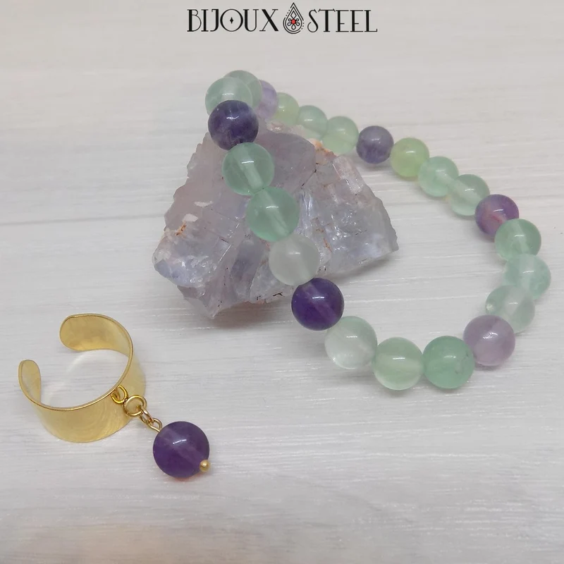 Bague large ajustable à perle de fluorite violette