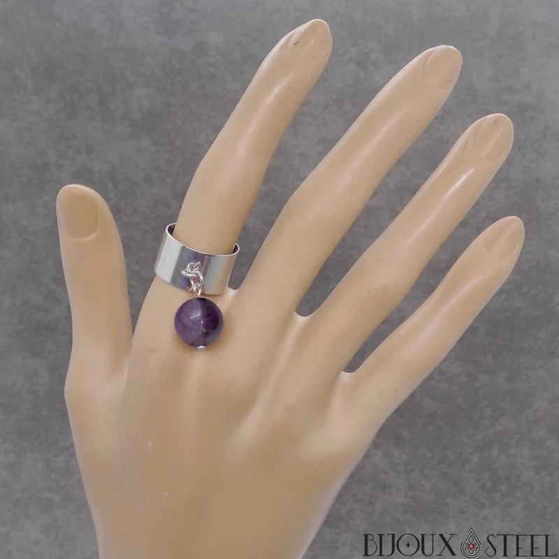 Bague large ajustable à perle de fluorite violette