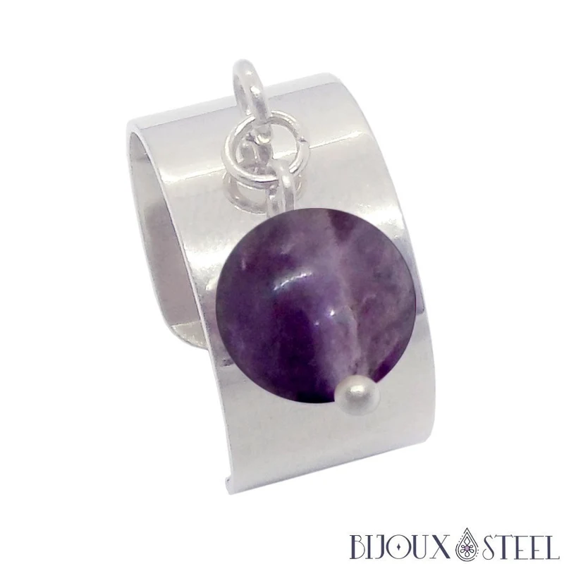 Bague large ajustable à perle de fluorite violette