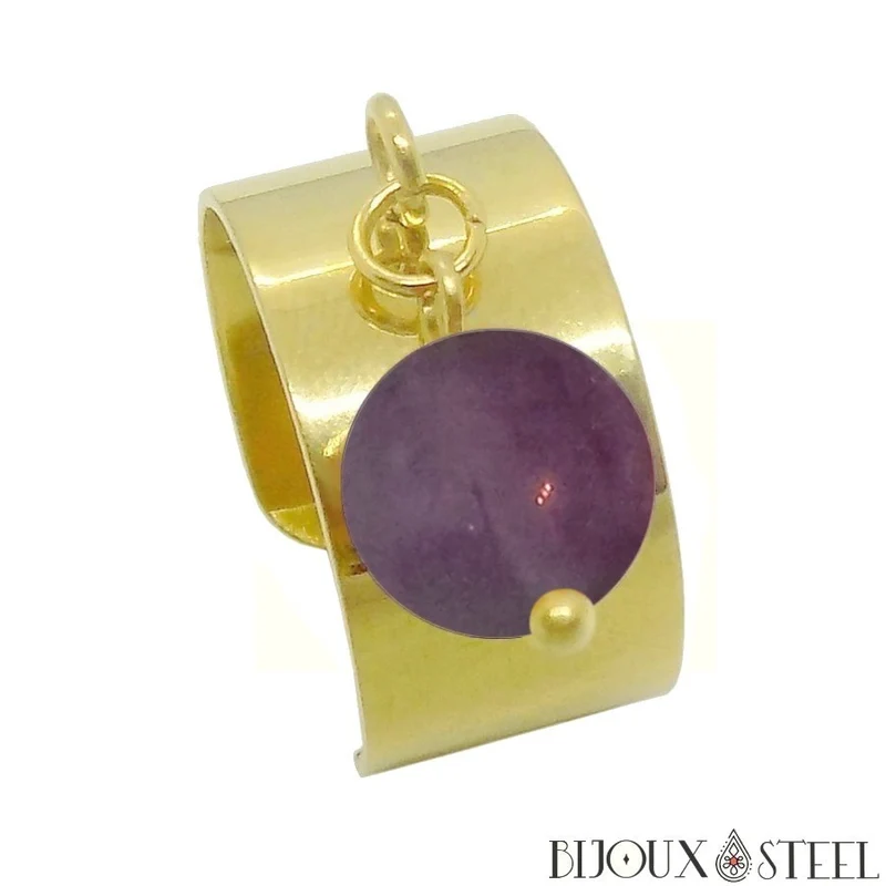 Bague large ajustable à perle de fluorite violette