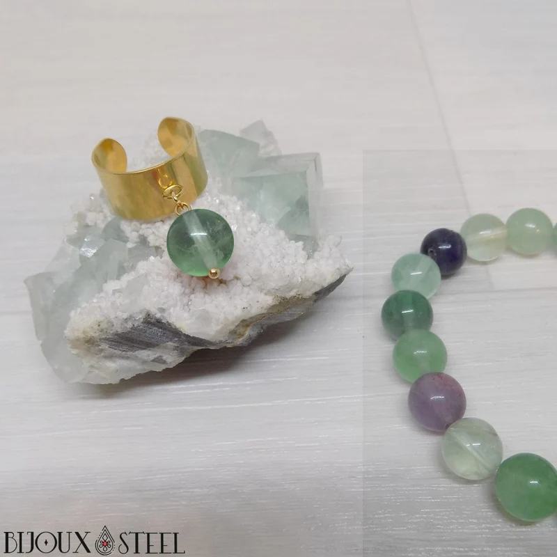 Bague large ajustable à perle de fluorite verte