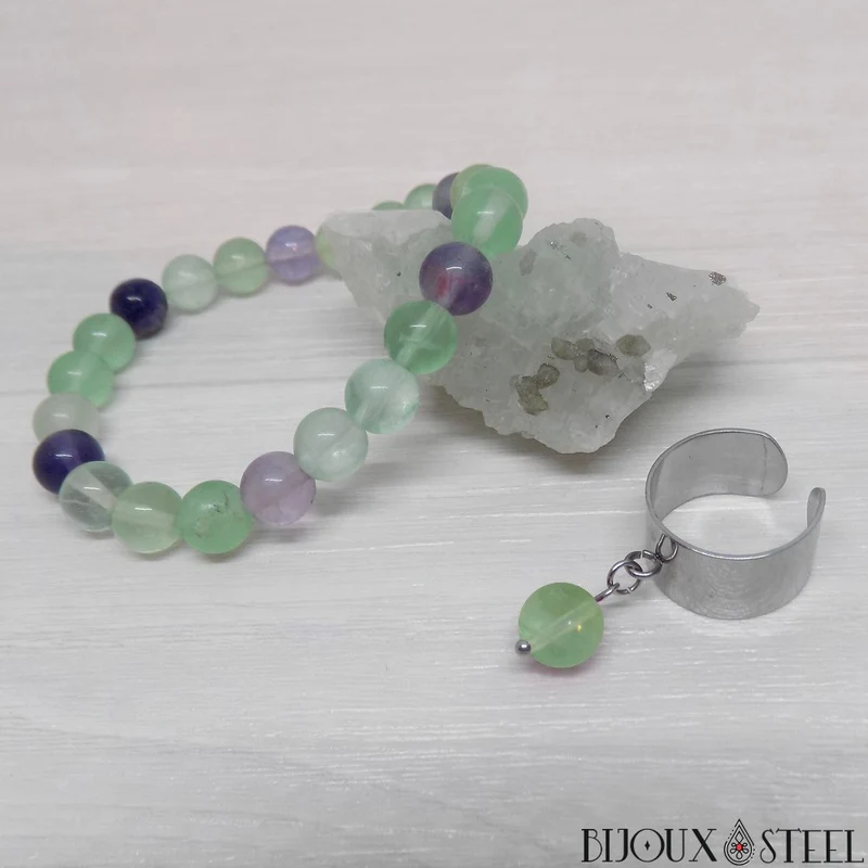 Bague large ajustable à perle de fluorite verte