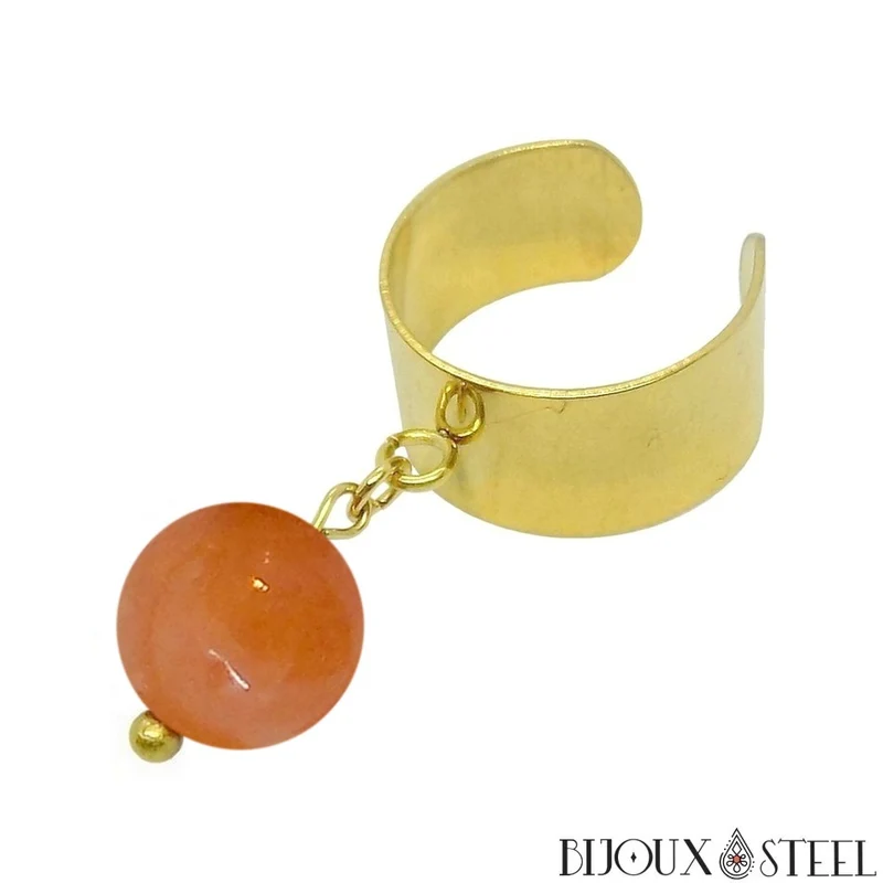 Bague large ajustable à perle d'aventurine orange
