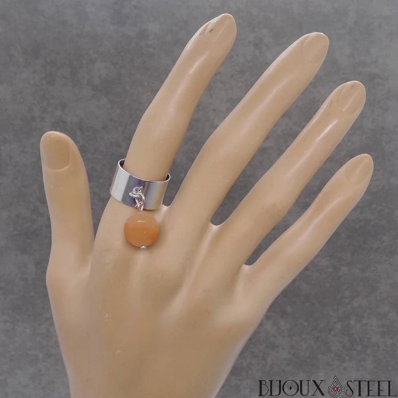 Bague large ajustable à perle d'aventurine orange