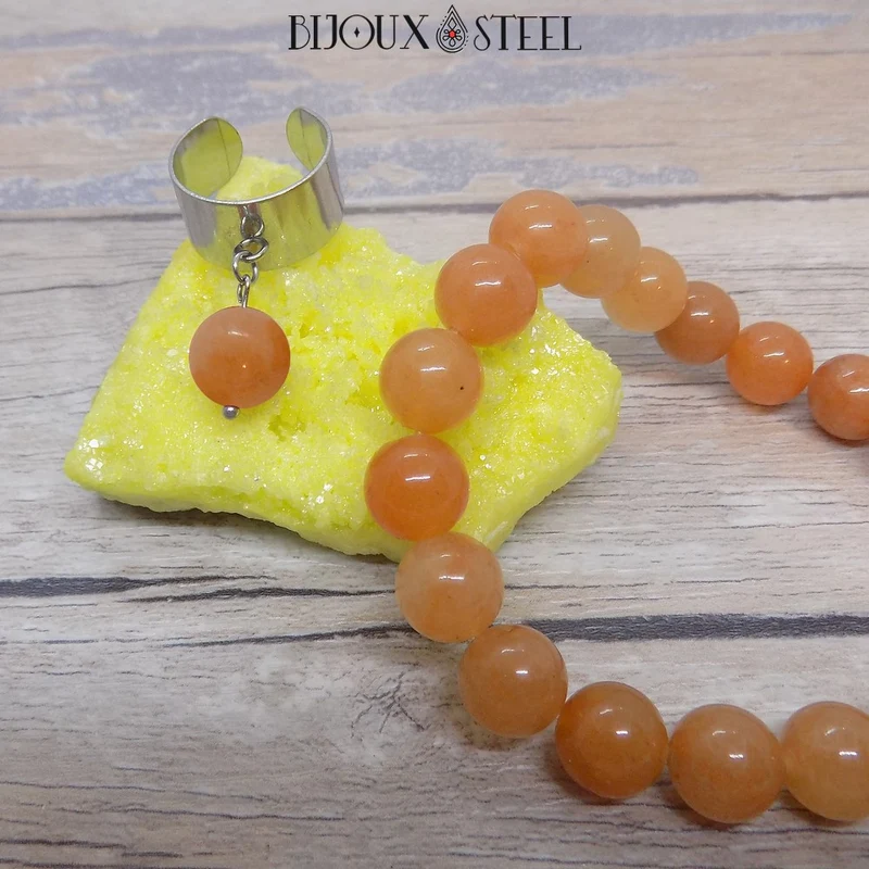 Bague large ajustable à perle d'aventurine orange