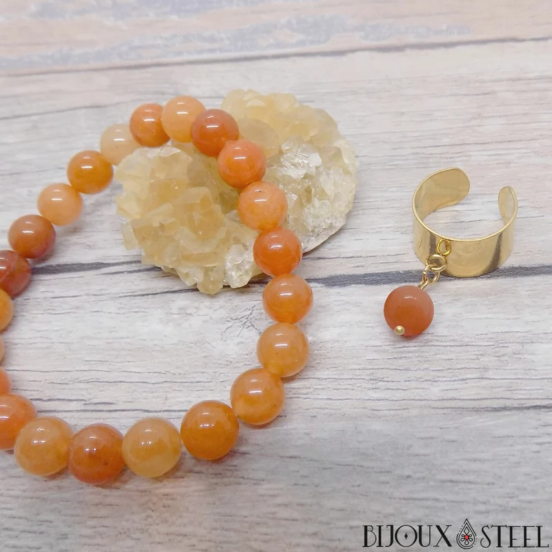 Bague large ajustable à perle d'aventurine orange
