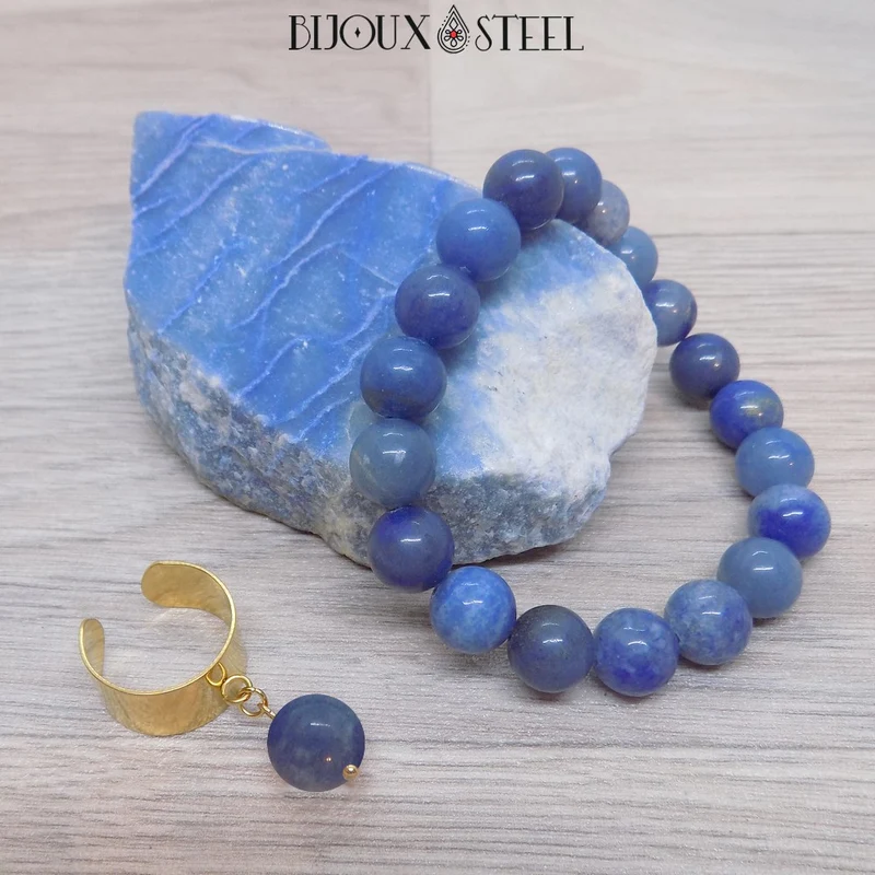 Bague large ajustable à perle d'aventurine bleue