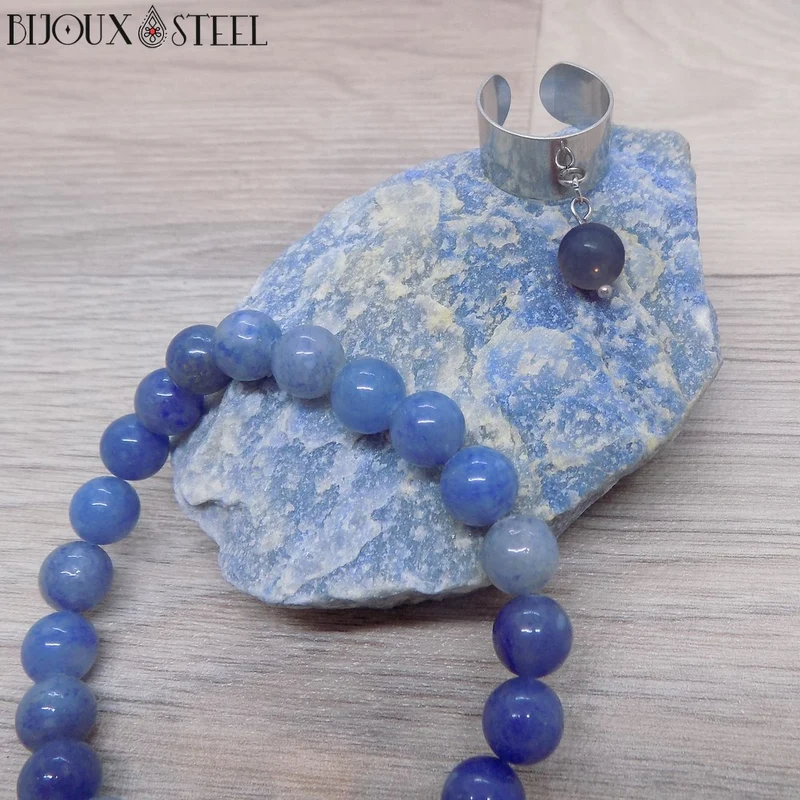 Bague large ajustable à perle d'aventurine bleue