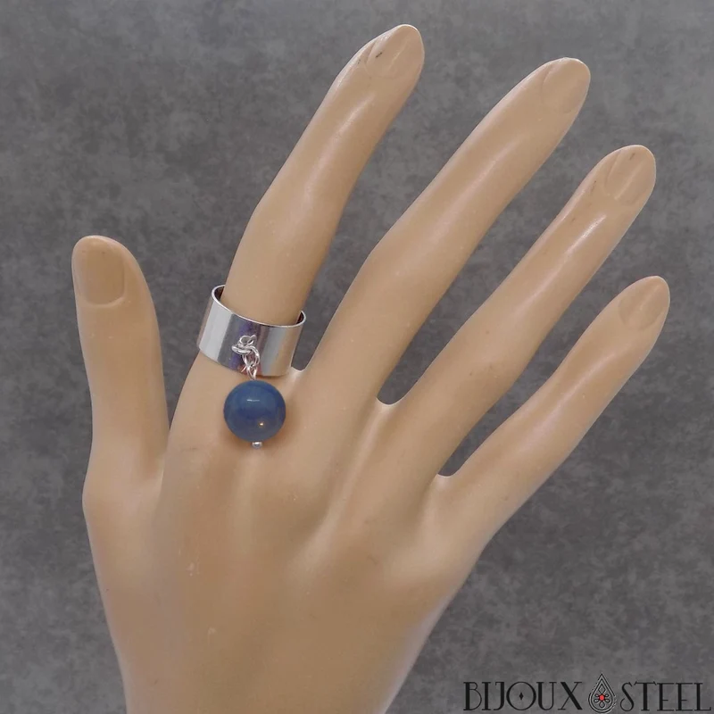 Bague large ajustable à perle d'aventurine bleue