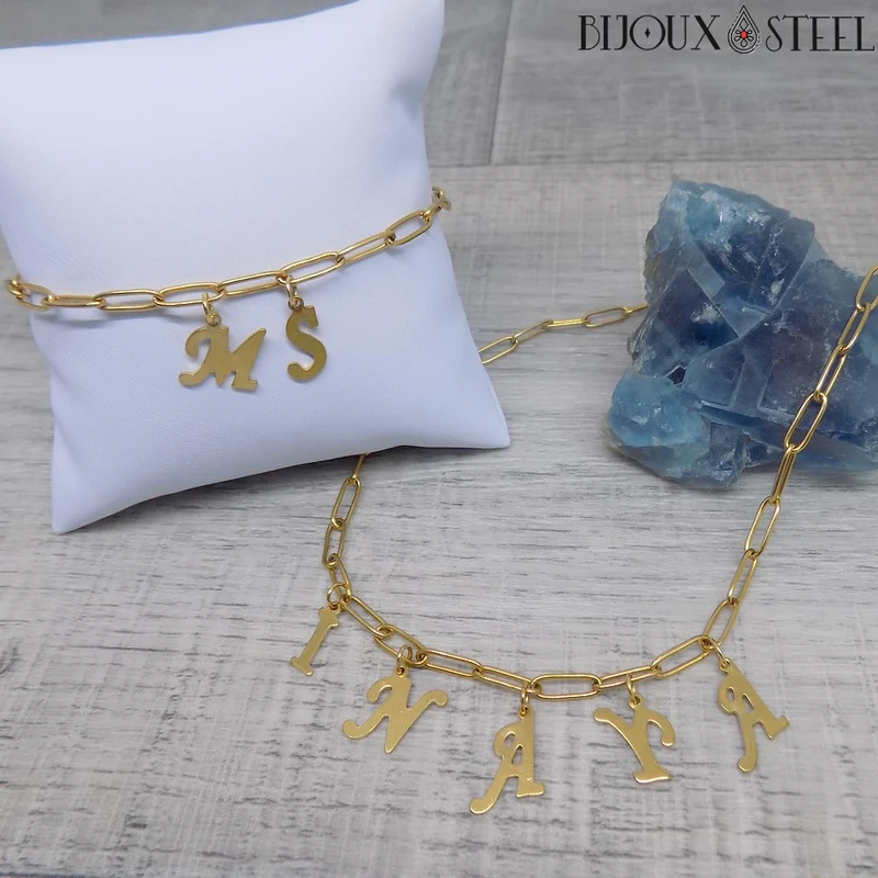 Collier trombone doré à prénom personnalisable en acier inoxydable