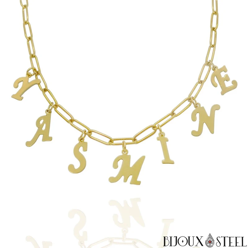 Collier prénom personnalisé sur chaîne trombone en acier inoxydable